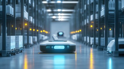 Poster - a futuristic ai-driven warehouse where goods are stored and retrieved automatically.