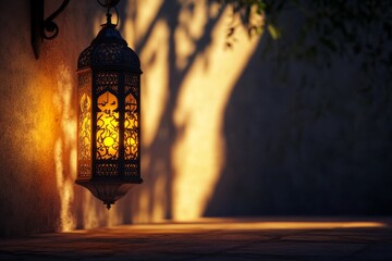 Wall Mural - Illuminated Moroccan lantern hanging outdoors at dusk, casting shadows