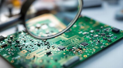Poster - A close-up shot of a printed circuit board, magnified by a magnifying glass, with a blurred background. The board is green, with intricate details of the electronic components visible.