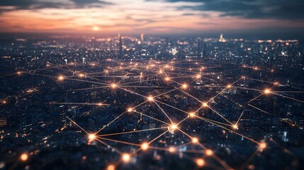 Poster - A cityscape with a network of lights that are connected to each other. The lights are glowing and creating a sense of connectivity and unity
