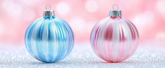 Poster - Pink & blue striped ornaments on glitter, festive bokeh background. Holiday card