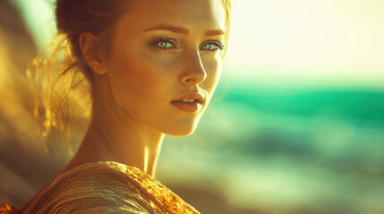 Wall Mural - A woman with a tan dress and a tan hairdo is standing in front of the ocean