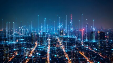 Poster - a cityscape with many buildings and lights is shown in a blue and white color scheme. the city appea
