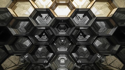 Aufkleber - A close-up view of a hexagonal structure, likely a part of a building, with a series of hexagonal tiles arranged in a symmetrical pattern. The tiles are of varying sizes and colors, with some tiles ha