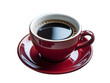 © Asad - A vibrant red coffee cup and saucer filled with hot brewed coffee, symbolizing warmth, relaxation, and the richness of a perfect morning beverage.