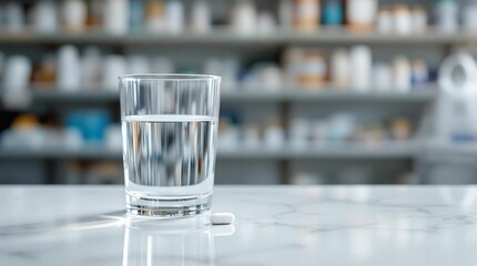 Aufkleber - A glass of water sitting on top of a marble counter, with a blurred background suggesting a drugstore setting. The glass is clear, filled to the brim with water, and the marble counter has a reflectiv