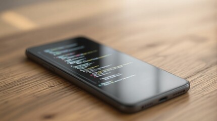 Aufkleber - A smartphone placed on a wooden table, with a blurred background suggesting a shallow depth of field. The phone's screen is visible, displaying a digital interface.