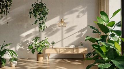 Aufkleber - A room with a wooden floor, a white wall, and a wooden table with various objects on it. Hanging from the ceiling are several potted plants, adding a touch of greenery to the space. The scene is bathe
