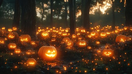 Poster - halloween pumpkins in the forest at night halloween concept