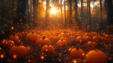 Poster - halloween pumpkins in the forest at sunset halloween concept