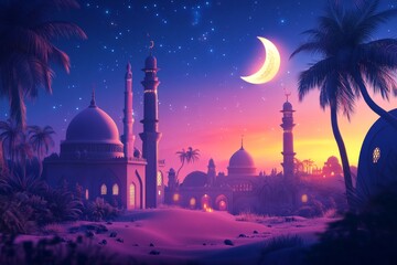 Wall Mural - Night desert oasis mosque crescent moon starscape