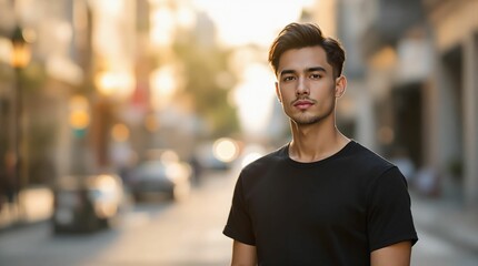 Poster - A young man in a black t-shirt stands confidently on a city street, his gaze directed forward. The sun casts a warm, golden hue over the scene, highlighting the man's sharp features and the texture of
