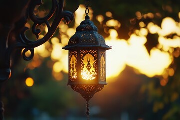 Wall Mural - Ornate lantern glows at sunset, garden backdrop, Ramadan