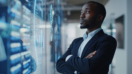 Poster - Professional examining data analytics on a futuristic display in a modern office environment