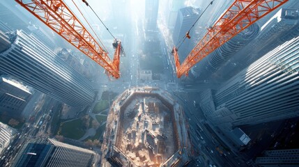 Sticker - An aerial view of a construction site buzzing with activity, showing cranes lifting materials, workers in hardhats, and the foundation of a new building taking shape.