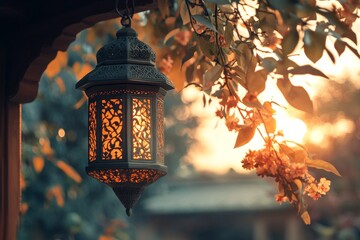 Sticker - Ornate lantern glows at sunset garden pergola