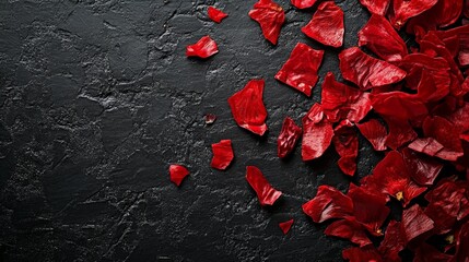 Wall Mural - A scattered arrangement of vibrant red rose petals on a dark textured surface.