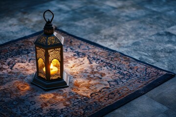 Wall Mural - Lit lantern on prayer rug, outdoor night scene, Ramadan