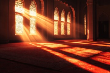 Wall Mural - Sunbeams illuminate mosque interior; prayer room, arched windows, peaceful atmosphere, religious background