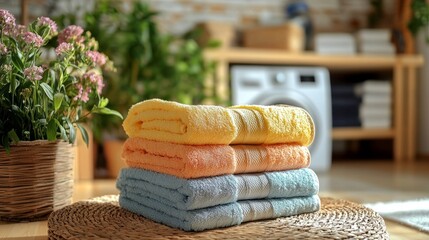 Poster - Soft, colorful towels are arranged neatly on a woven mat in a bright laundry room. Houseplants provide a touch of nature, enhancing the serene ambiance of the space