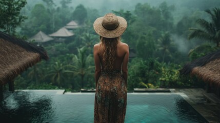 Poster - Woman in dress and hat overlooking rainforest pool.