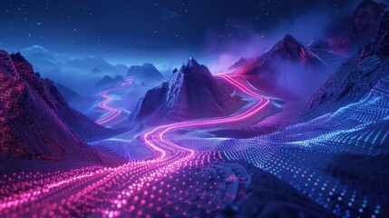 Aufkleber - Vibrant digital landscape with illuminated winding path through mountains at night