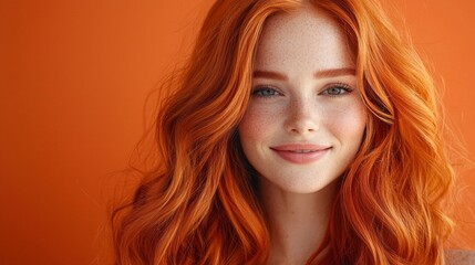 Poster - A young woman poses against a warm orange background, radiating happiness with her bright smile, long wavy red hair, and playful freckles, embodying confidence and joy