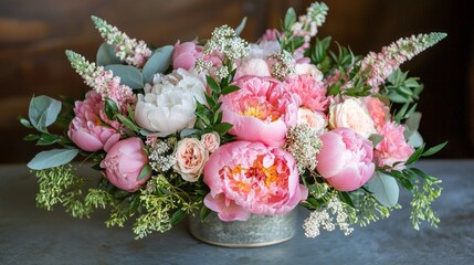 Aufkleber - A stunning display of vibrant pink peonies, delicate roses, and lush greenery fills a rustic container. This floral arrangement adds a touch of elegance to any space, evoking joy and celebration