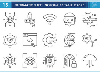 Fototapete - A set of line icons related to Information Technology. IT, connect, digital, circuit, security, computing, worldwide, networking, coding, developing, and so on. Vector editable stroke.