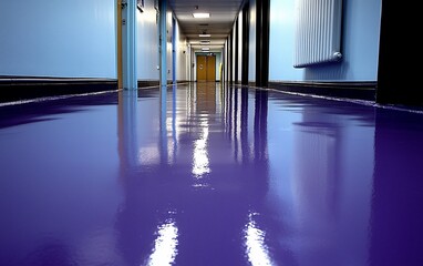 Poster - Purple hallway floor, building interior, reflective surface, education background, stock photo