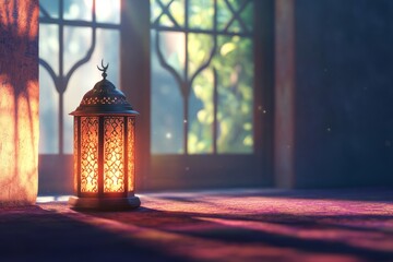 Wall Mural - Illuminated Ramadan lantern near window, sunlit room, Islamic celebration