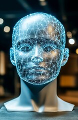Fototapete - 3D wireframe head on mannequin, dark background, tech concept