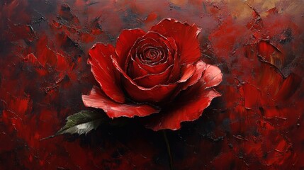 Fototapete - Red rose depicted highly detailed impasto and fluid art Sharp edges and thick oil paint enhance the abstract 3D shapes and expressionism on a vibrant full canvas
