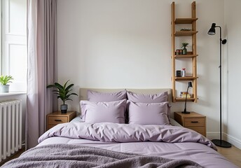 Wall Mural - Scandinavian interior design of modern bedroom. Bed with purple bedding and wooden ladder shelf 