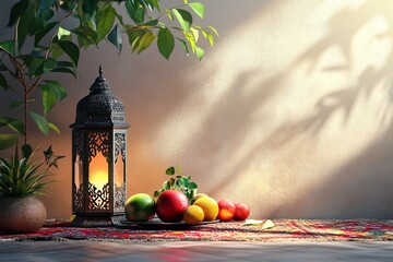 Wall Mural - Sunlit lantern, fruit, plant, shadow, table, interior, Ramadan, design