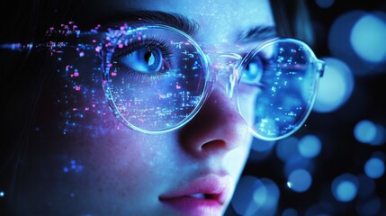 Poster - Woman with futuristic glasses, data visualization reflected.