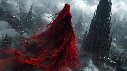 Fototapete - Regal fearsome demon princess in flowing crimson robes amidst a shadowy city with dark spires and swirling clouds exuding dominance