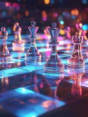 Poster - A digital chessboard with holographic pieces symbolizing AI in business strategy.