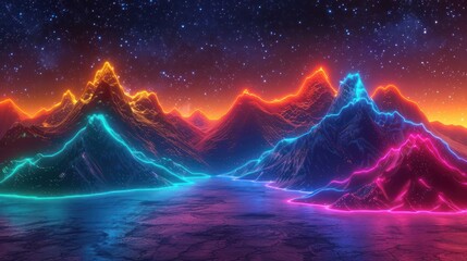 Aufkleber - Vibrant neon mountains illuminated against a starry sky with a reflective lake in the foreground