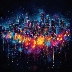 Poster - Pulsating Neon Music Notes Against Dynamic Urban Skyline Backdrop