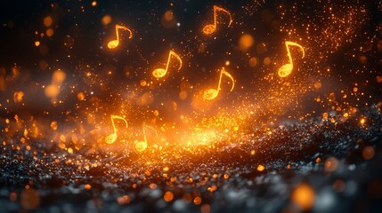 Poster - Glowing Music Notes Bursting into Twilight Skies   Dramatic Fiery Sparks Background Concept