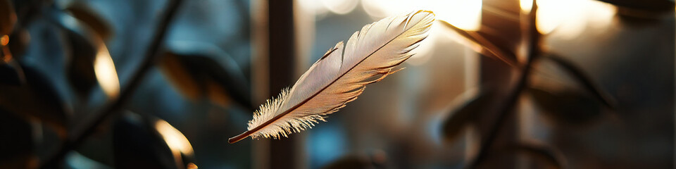 Wall Mural - Single Bird Feather Against Blurred Plant Background