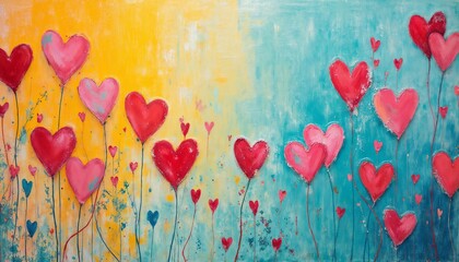 Wall Mural - abstract illustration for Valentine's Day celebration, hearts on cyan and yellow watercolor background, bright and cheerful