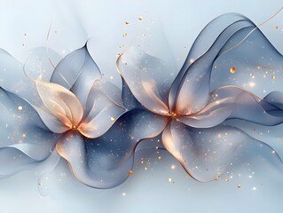 Poster - An abstract digital artwork featuring flowing waves of translucent blue and warm gold tones, creating a serene and elegant atmosphere with shimmering details.
