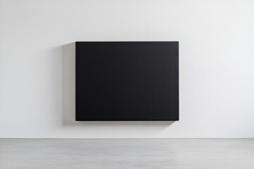 Poster - Blank black rectangular canvas exudes minimalist charm against pure white wall in modern interior setting