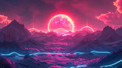 Aufkleber - Futuristic landscape featuring vibrant neon colors, distant mountains, and a glowing sunset