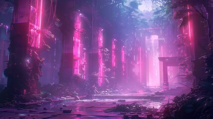 Poster - Futuristic overgrown ruins with neon lights, showcasing nature reclaiming a once-bustling space