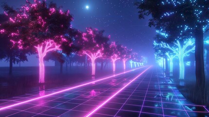 Poster - Vibrant neon-lit pathway lined with glowing trees under a starry night sky