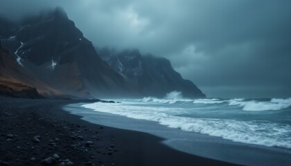 impressive seascape of the north, gloomy cold sea and rocks, haze, cold and gloomy surroundings, dra