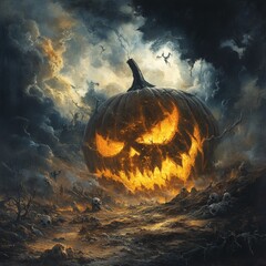 Poster - Sinister faces carved into colossal pumpkin glow as spectral wolves roam the scorched earth Bone serpents rise from the cracks and ghostly figures wail in hypnotic dance under swirling dark clouds